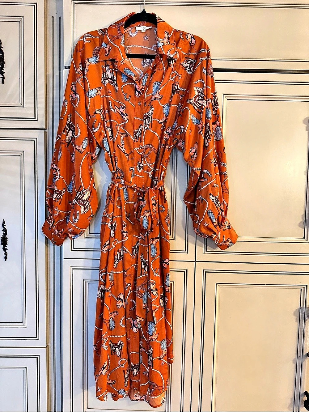 New Easel Western Boho Print Long Sleeve Button Belted Pockets Maxi Dress Duster